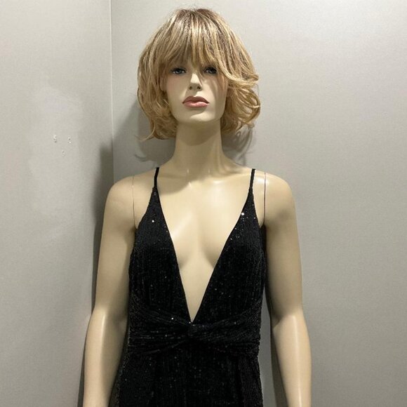LUXXEL Black Sequin gown, high-slit & sexy deep v-neck front & back NWOT  sz S - Picture 2 of 11